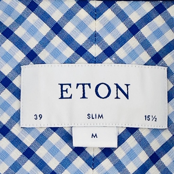 ETON Shirt Mens Medium Slim Fit Blue White Gingham Twill Cotton Linen Blend - Picture 4 of 9